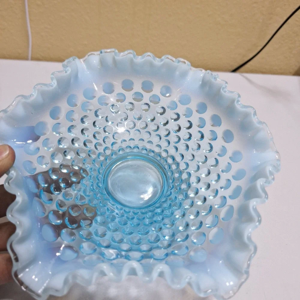 Vintage Fenton Blue Opalescent Hobnail Ruffled Bowl & Basket Set Milk Glass